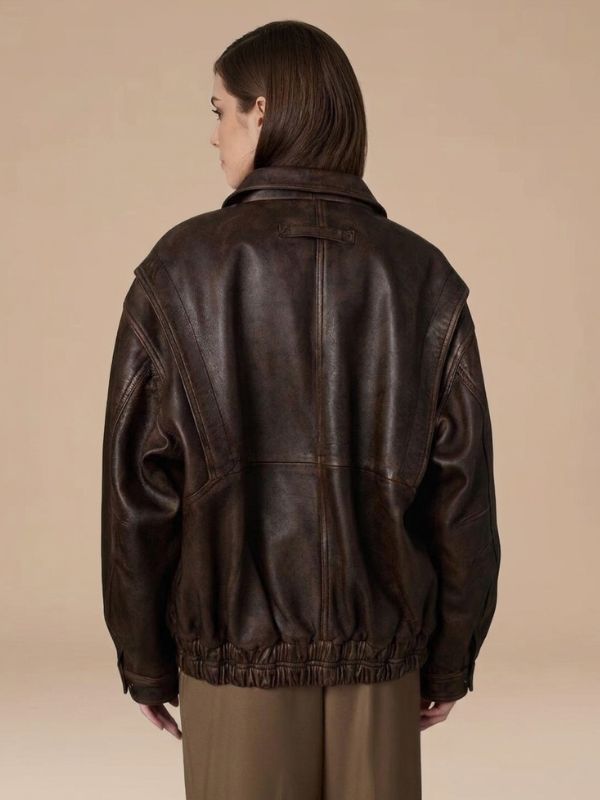 Women's Vintage Style Oversized Distressed Brown Bomber Jacket