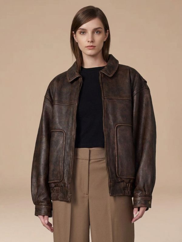Women's Vintage Style Oversized Distressed Leather Bomber Jacket