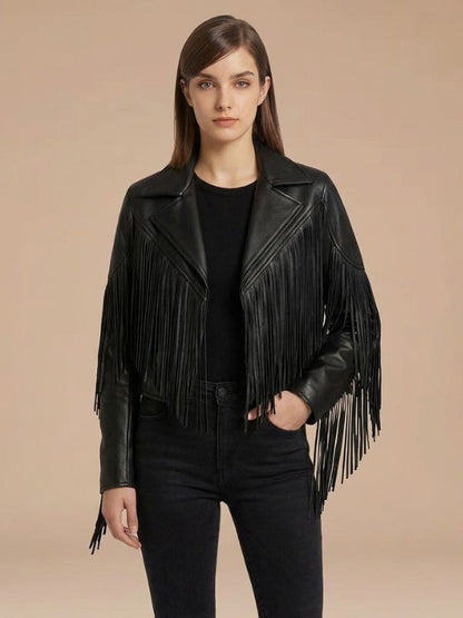 Women's Western Style Fringe Leather Cropped Jacket