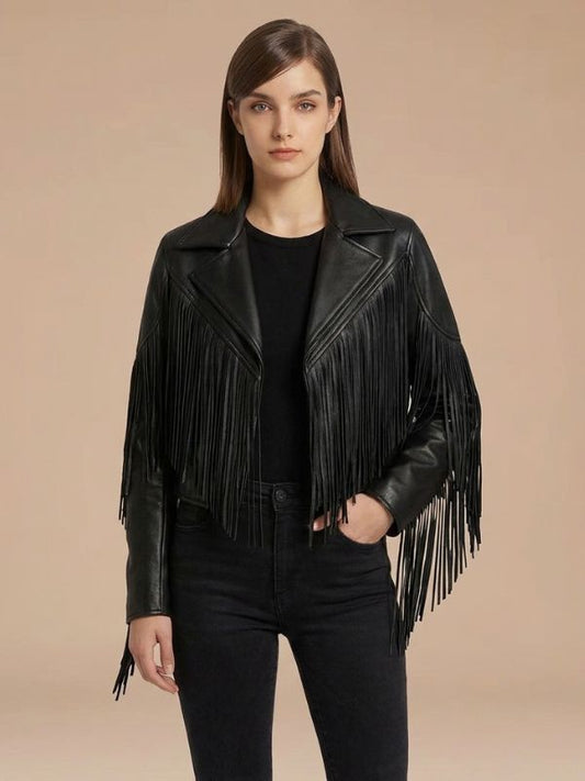 Women's Western Style Fringe Leather Cropped Jacket